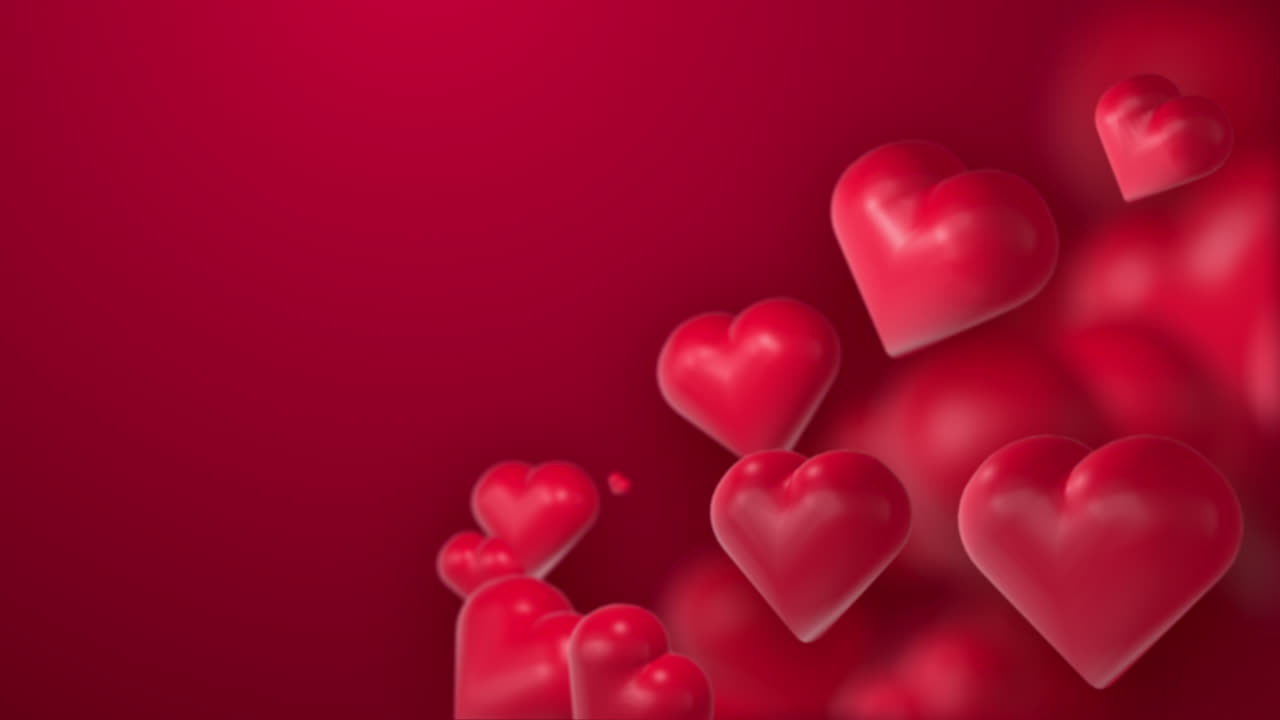 Animation of red 3D hearts rotating with space for text. Looped motion graphics screensaver. Symbols of love. Romantic greeting card.