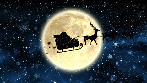 Santa-claus-in-sleigh-being-pulled-by-reindeers-against-shining-stars-an-moon-in-the-night-sky