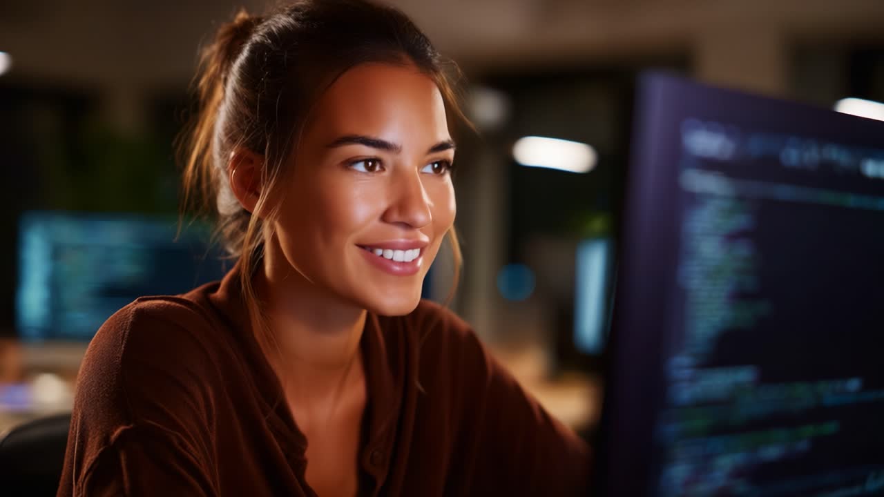 Focused and Joyful Developer at Computer - A Journey Through Moments of Concentration and Satisfaction in a Modern Workspace Highlighting Coding Skills