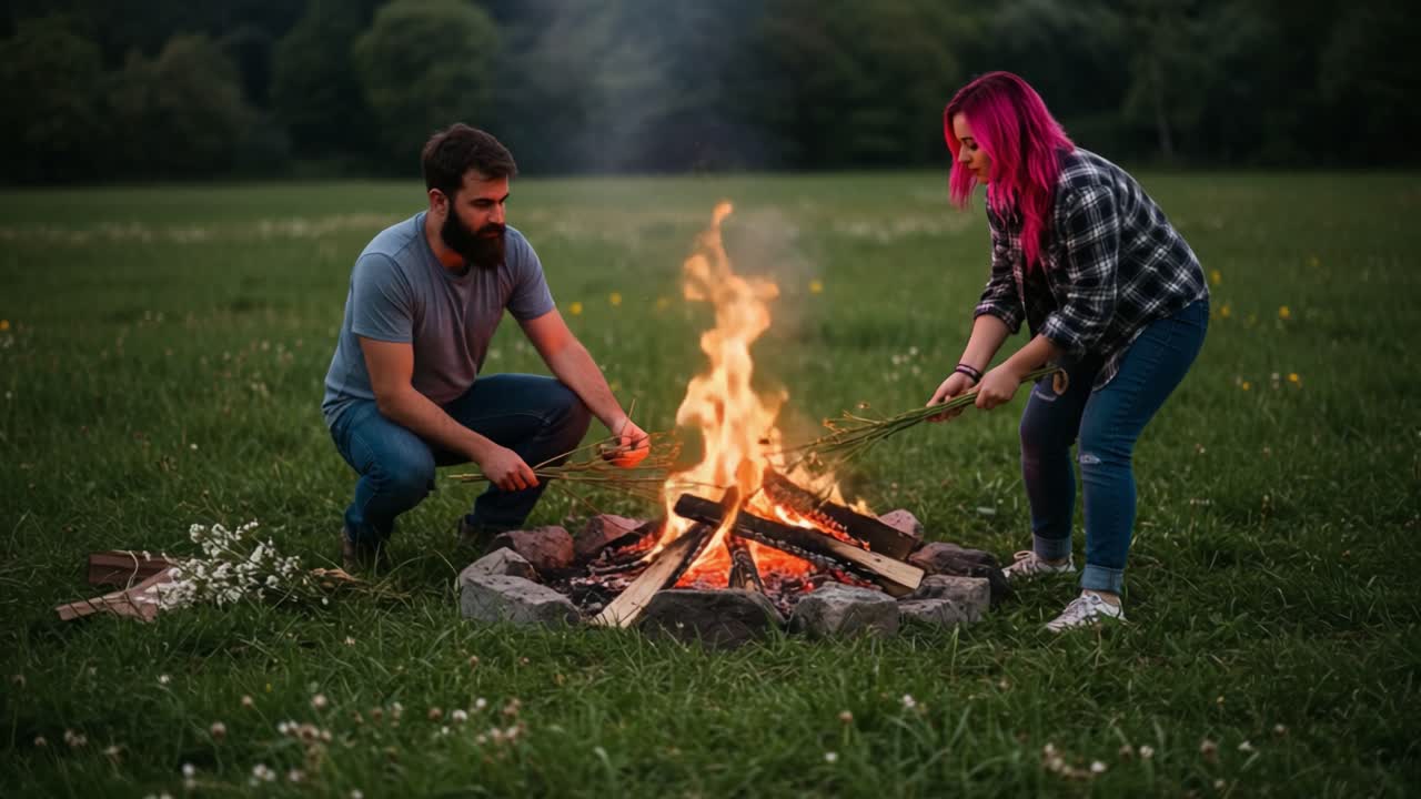 Couple Building a Campfire in a Grassy Field at Dusk