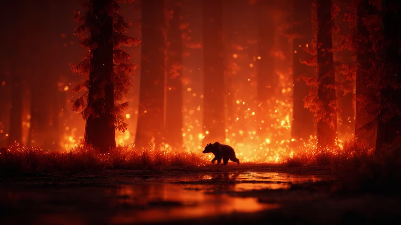 A solitary bear traverses a forest illuminated by fiery embers, revealing a haunting yet beautiful scene of survival amidst an inferno