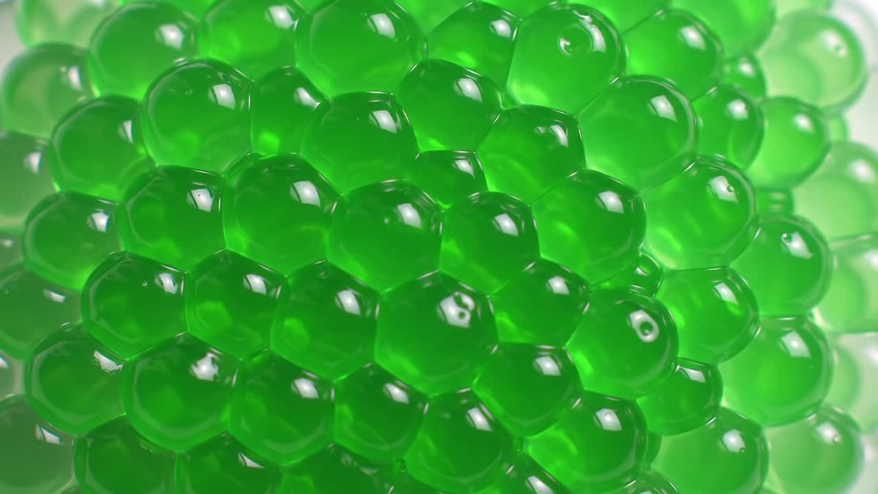 A Close-Up View of a Lush, Green Sphere Composed of Translucent Gel Beads, Highlighting the Unique Texture and Vibrant Color Characteristics