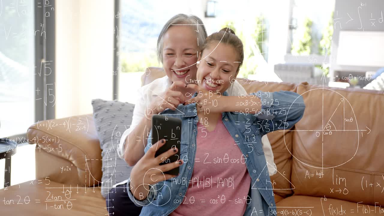 Teenager taking selfie with phone on sofa, adult fixing hair, math overlays rising on faces, edtech