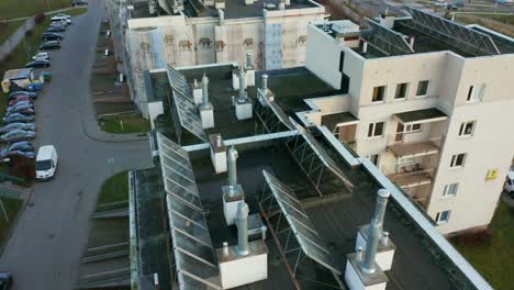 drone shot from drone solar power plant located roofs buildings.