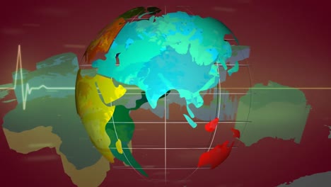 Animation-Eines-Globus,-Der-Sich-über-Einem-Herzfrequenzmesser-Und-Einer-Weltkarte-Dreht