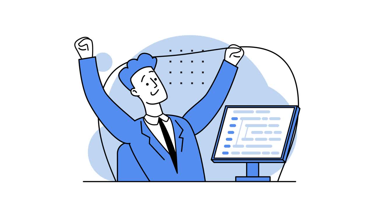 Guy-programmer waves hands to the sides. Joy of successful work. Remote work. Programmer is working on the next big thing. Coding on-screen PC, HTML coding, web development, developer. Looped video.