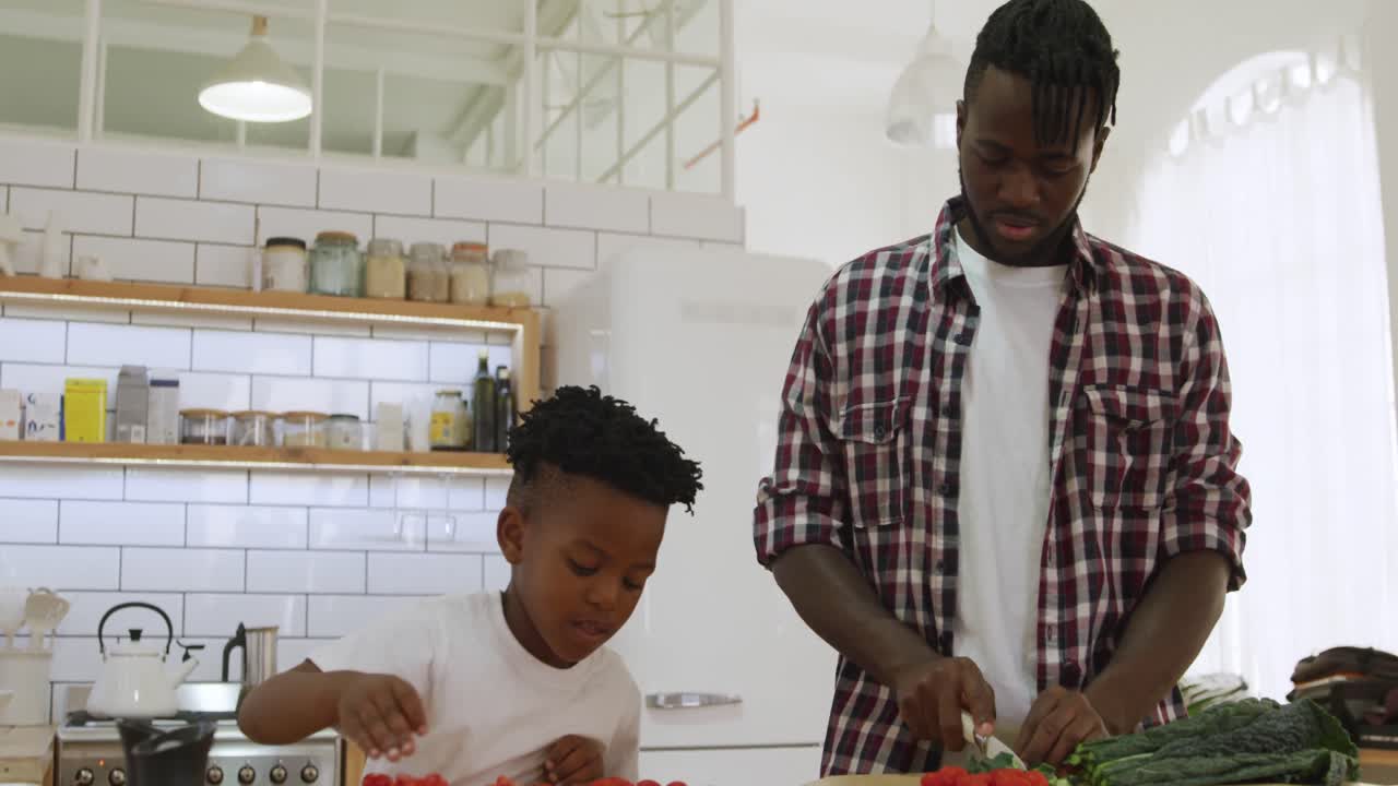 Father and son cooking together