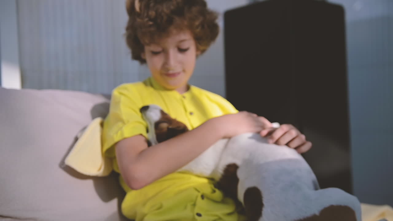 Blond Boy With Curly Hair Caresses His Dog Sitting On Sofa In Living Room