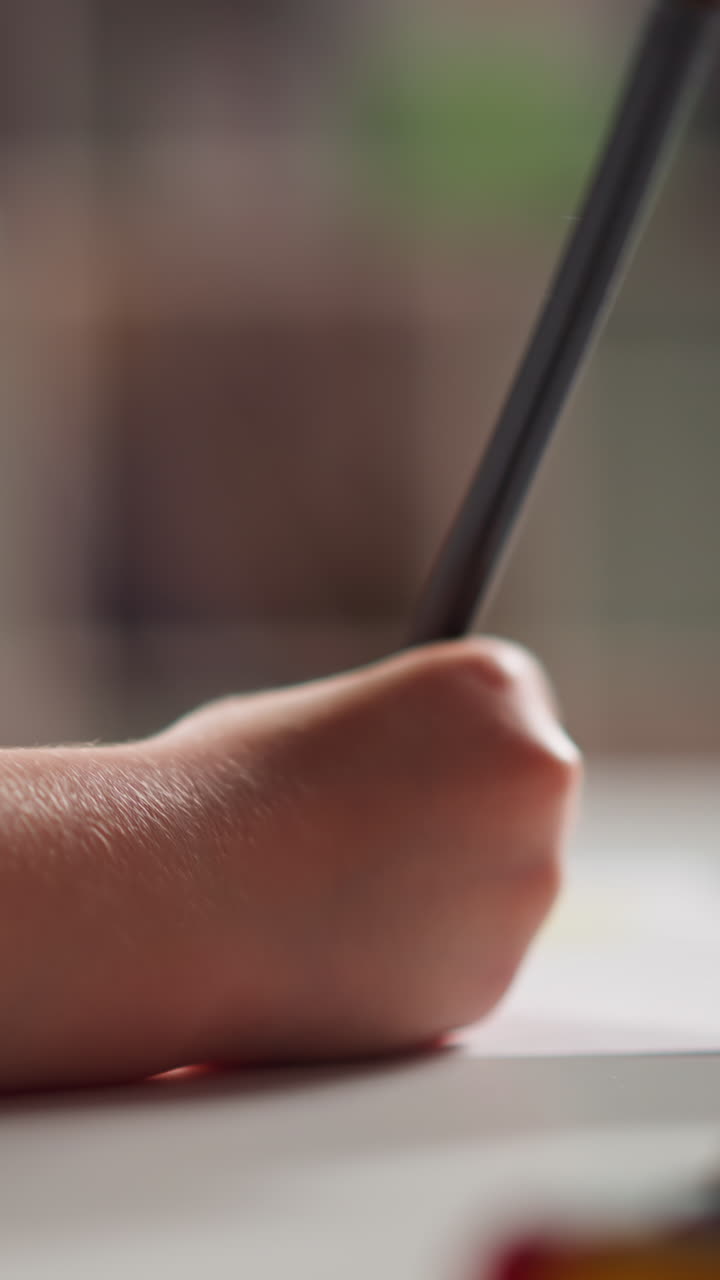 Hand of little child wearing white clothes draws picture on paper with pencil sitting at table on blurred background close side view slow motion