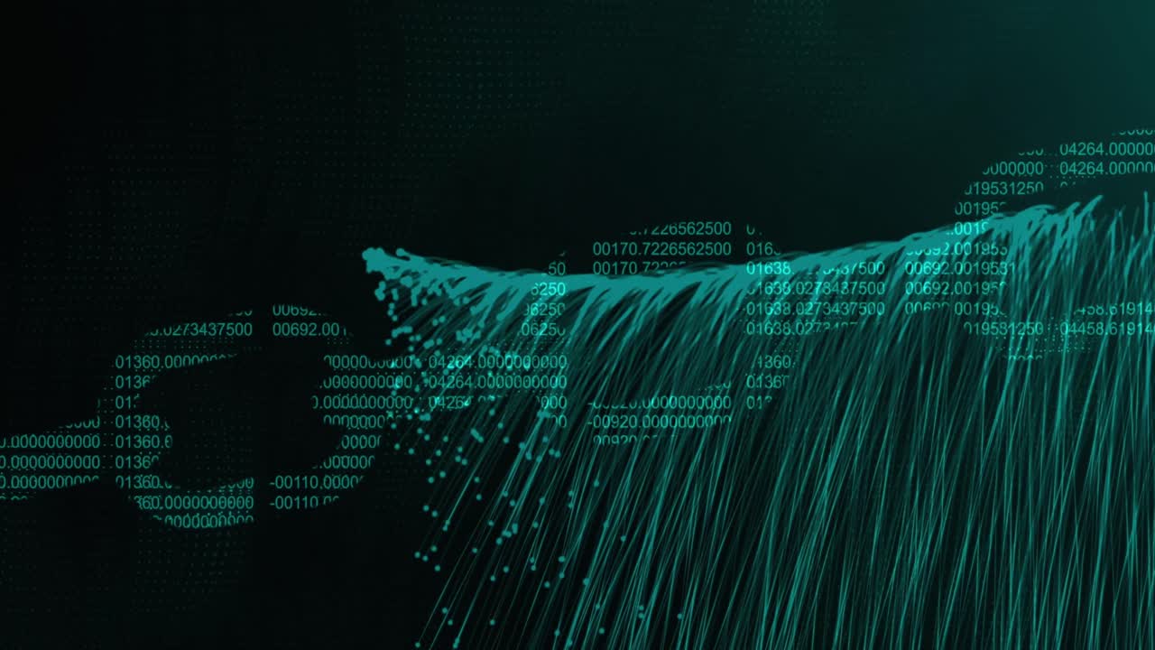 Animation of security chain icon and light trails falling against black background