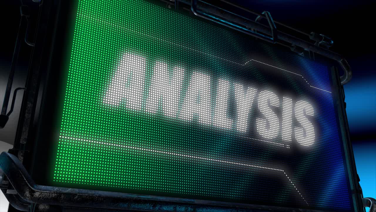 3D animated motion graphics design of a hi tech screen flashing a lightboard style sports title card, in classic blue and green color scheme, with animated chevrons and the bold Analysis caption