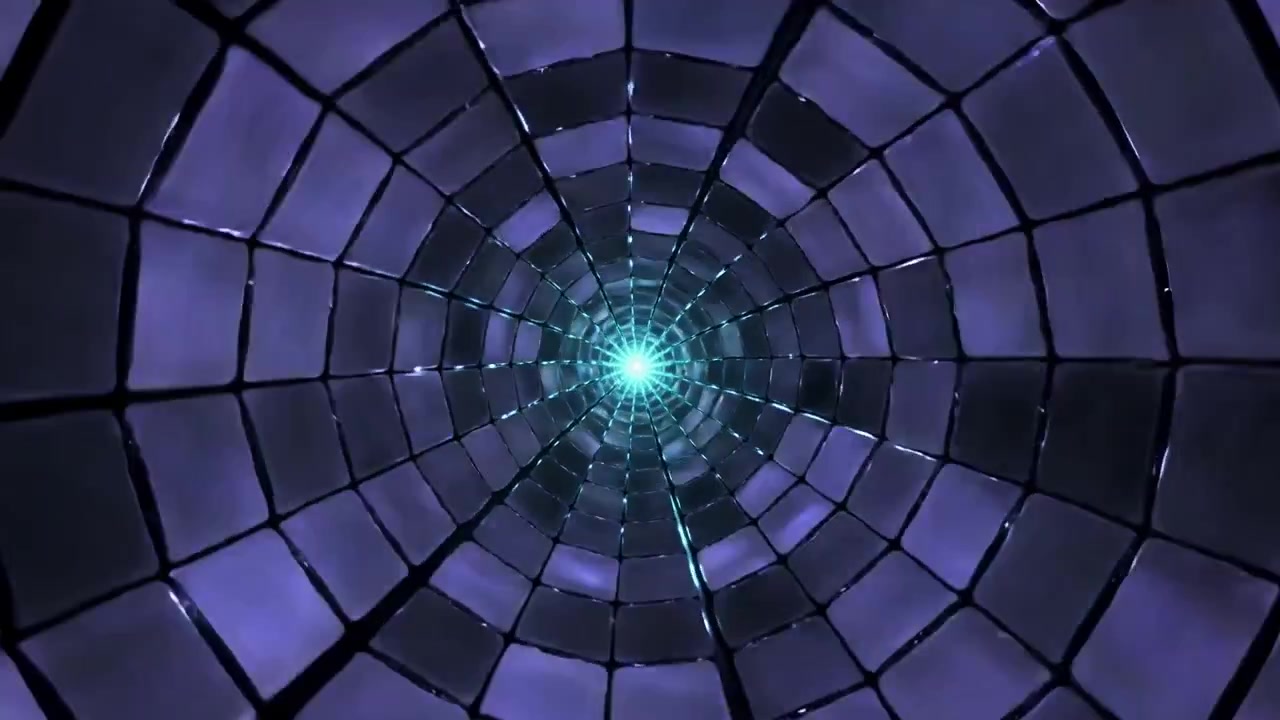 Starting animation inside digital glossy tunnel pulling camera inward, with cyan core and cubes