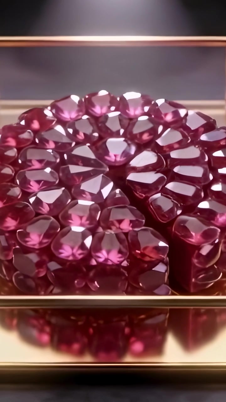 Vertical video: Zooming camera showing magenta gem dessert parting wedge on gold tray, spotlit