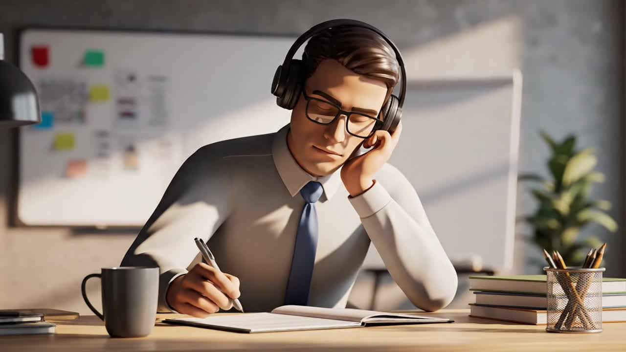 3D-figur lytter til musik, arbejder og skriver på et kontor.