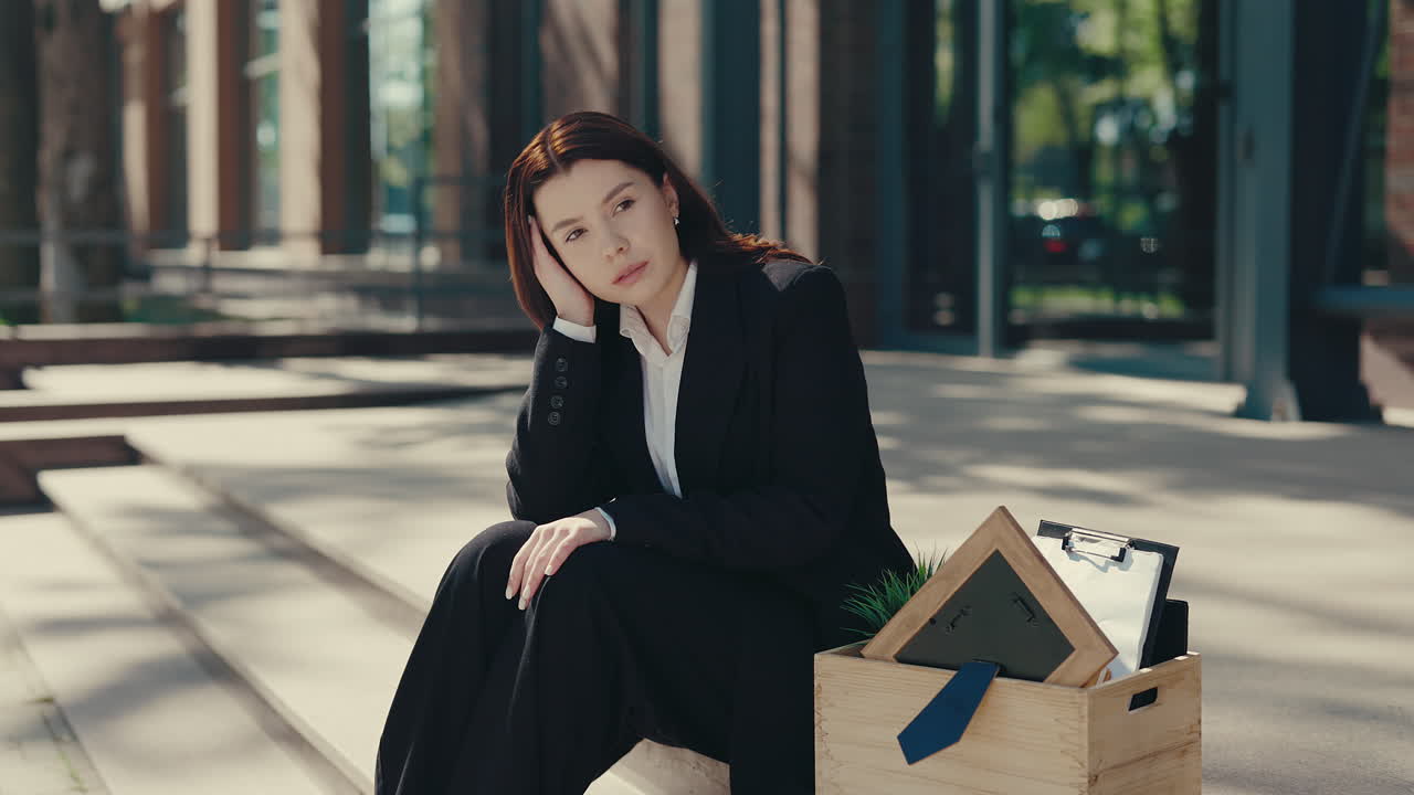 Woman Fired Sits on Steps with Belongings in a Wooden Box