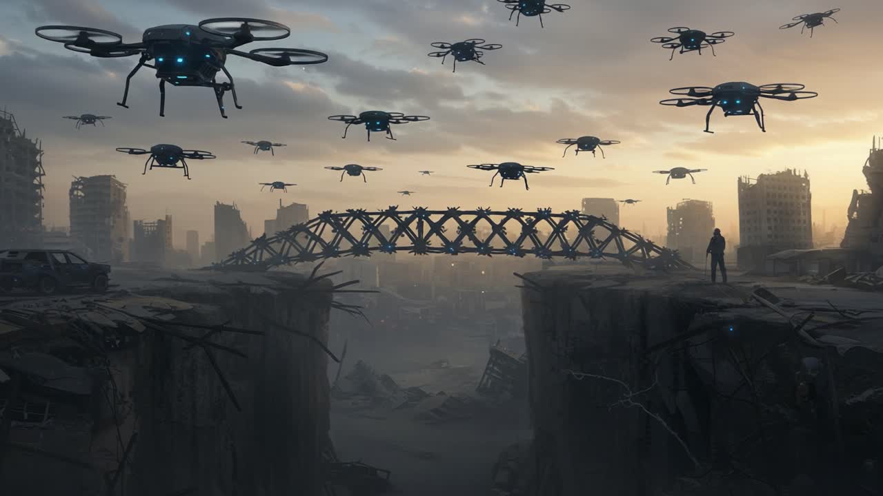 In a dystopian landscape, a lone figure stands before a crumbling bridge as drones hover ominously above, painting a stark picture of a post-apocalyptic future filled with uncertainty