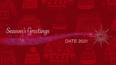 Animation of season greetings text over jumpers and hats on red background