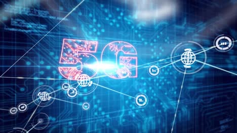 Animation-Des-Verbindungsnetzwerks-Mit-Symbolen-über-5g-Text-Auf-Schwarzem-Hintergrund