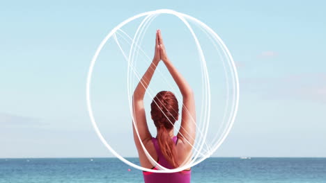 practicing yoga by sea, woman with white swirling lines animation