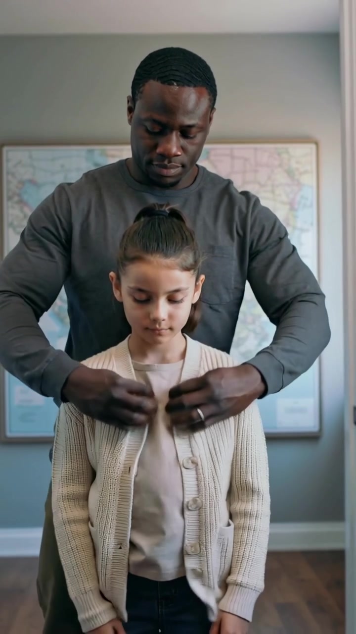 Vertical video: Father guiding child into beige knit cardigan in home, showing wedding band