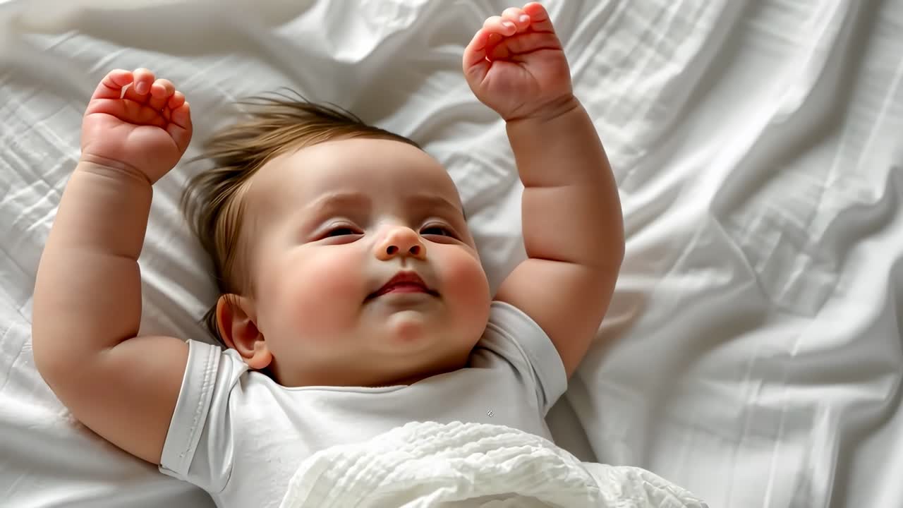 A peaceful baby sleeps on white sheets, arms raised. The video captures a close-up, top-down angle