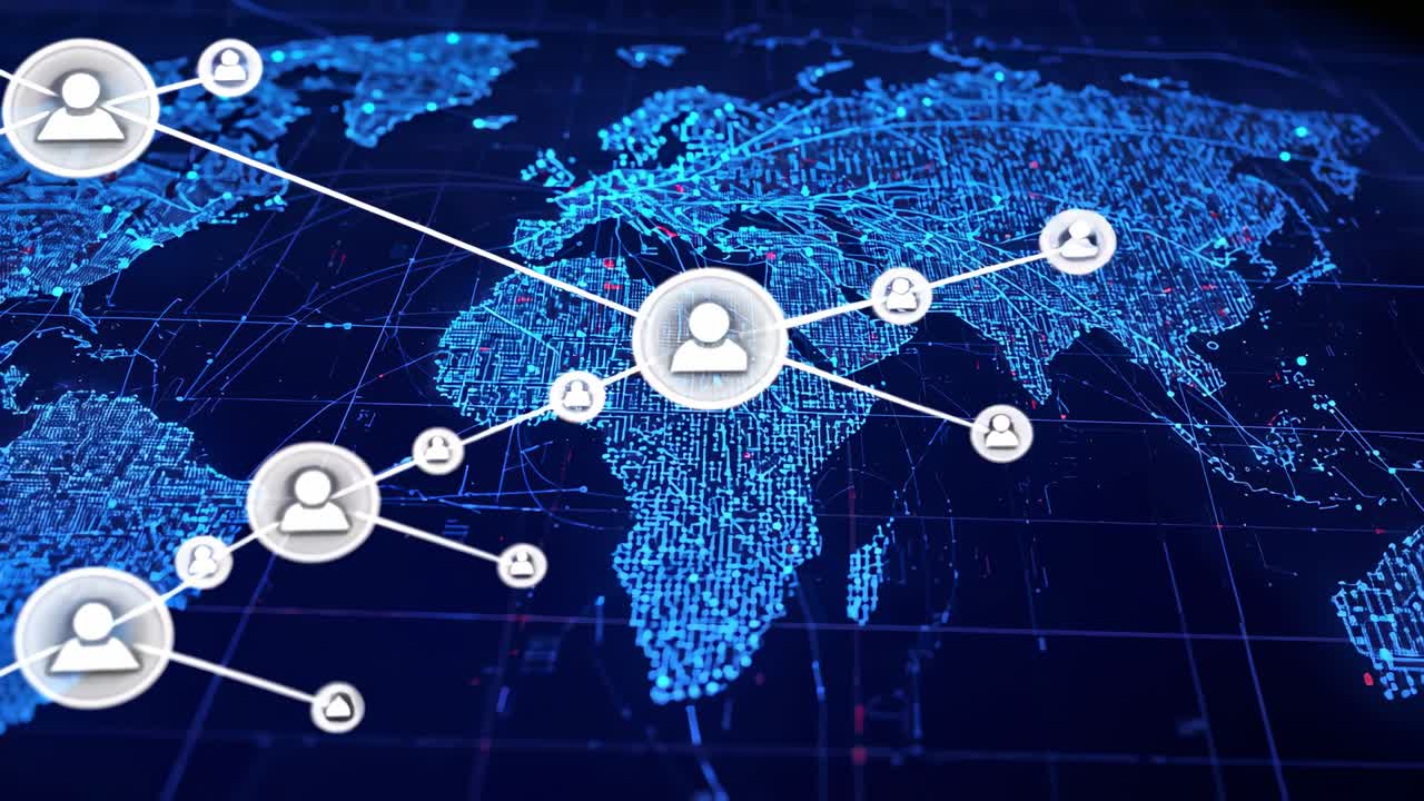 Materializing user icon at Africa on blue map grid, sending connection lines, nodes to form network