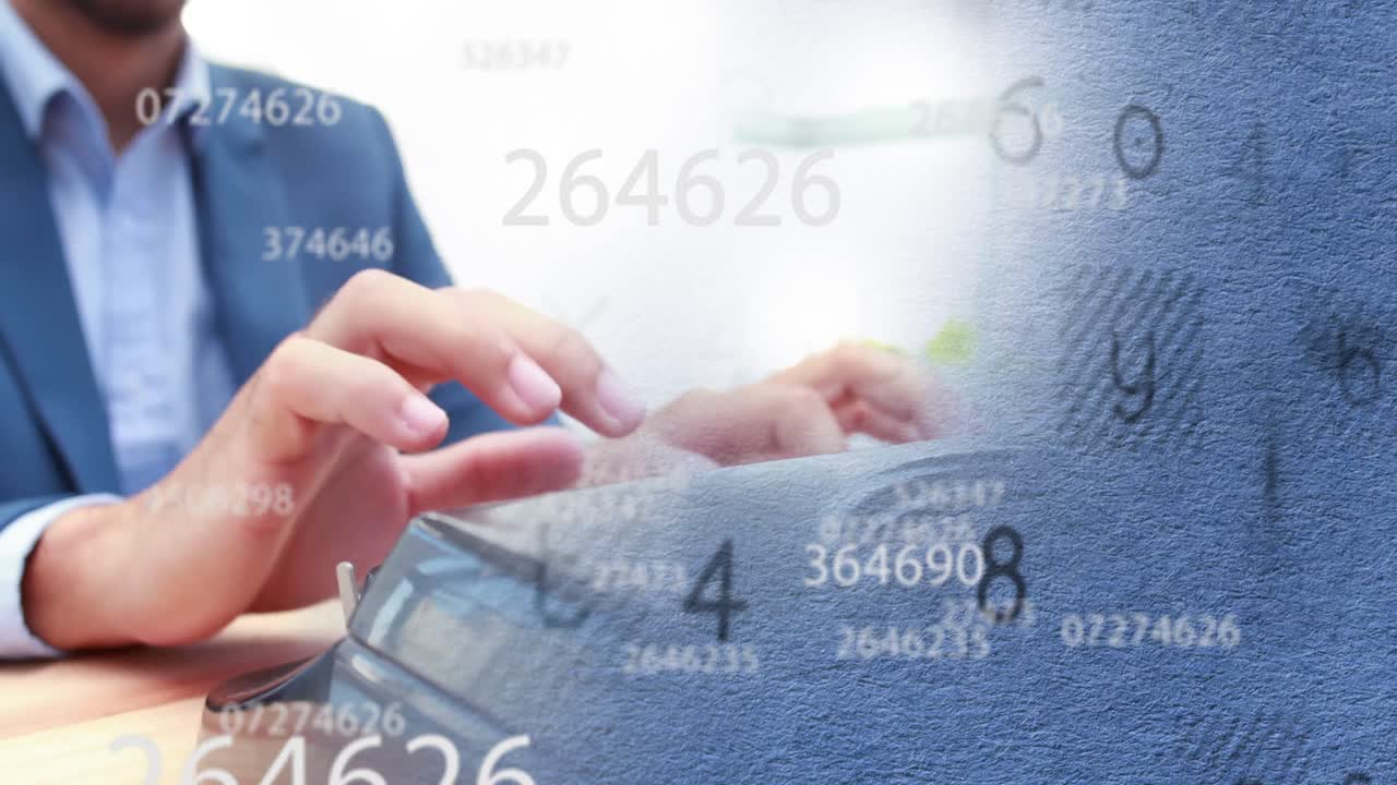 Animation of falling numbers over caucasian men using computer