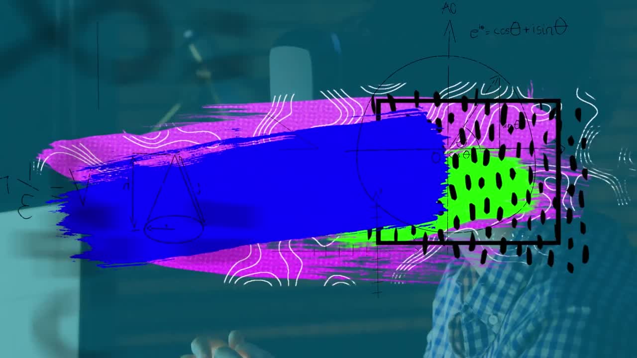 animación de manchas y formas coloridas sobre el hombre de negocios usando auriculares vr