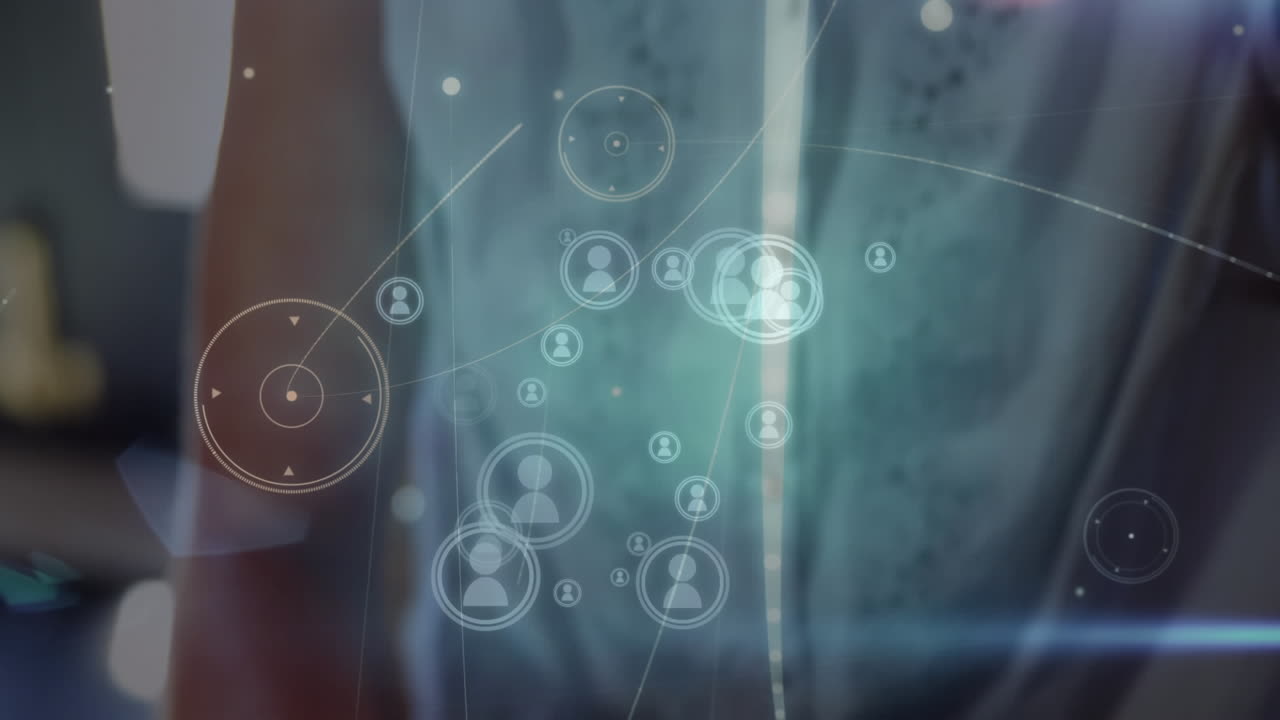 animación de la red de conexiones sobre la mujer usando auriculares vr