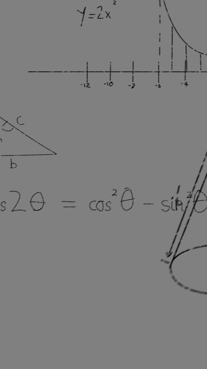 Animazione di grafici matematici e dati su sfondo grigio