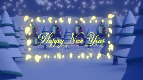 Animation-of-happy-new-year-text-with-fairy-lights-over-snow-falling-and-winter-landscape