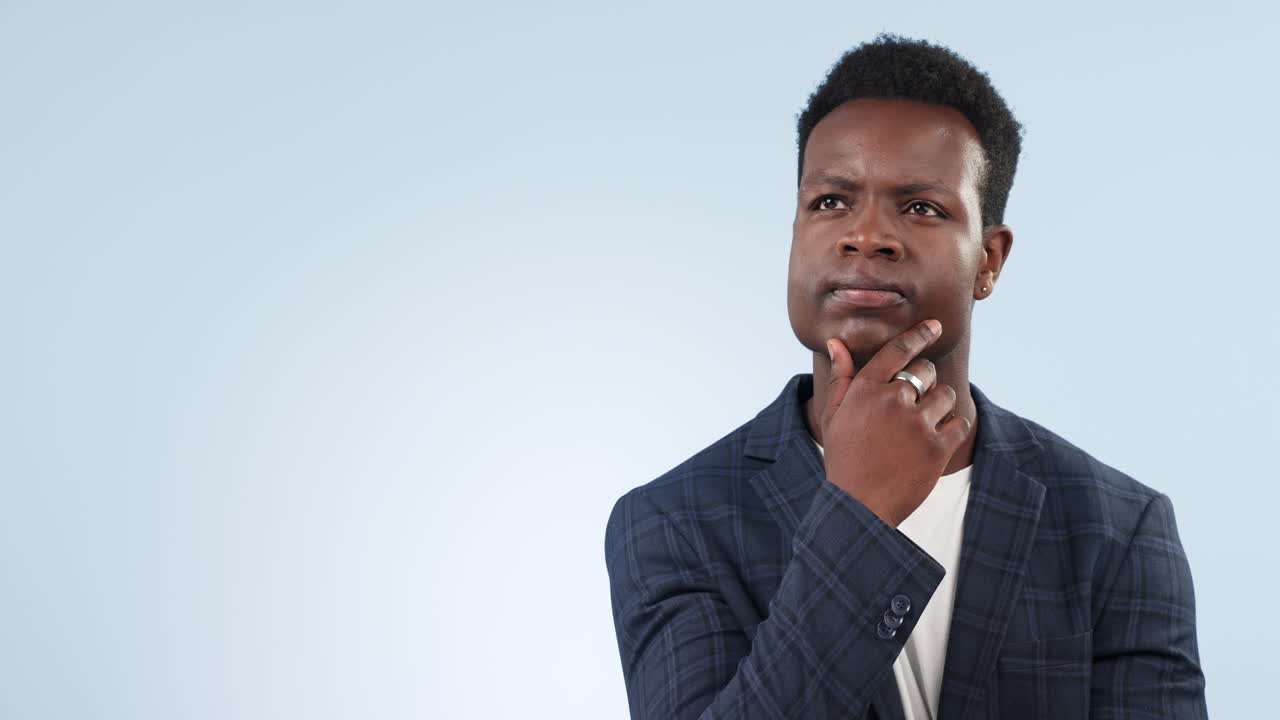 Thinking, mockup space and black man with idea