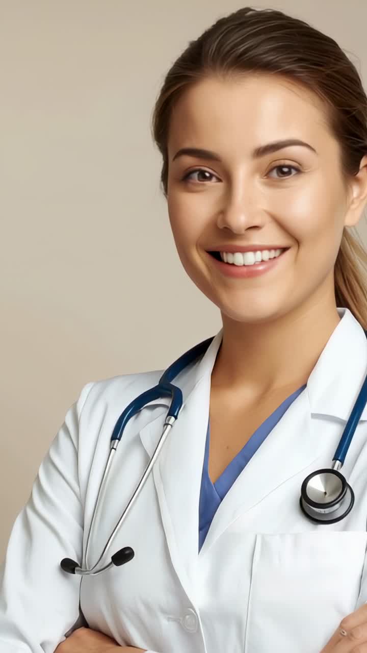 Vídeo vertical: doctora de pie en un estudio, vestida con un uniforme quirúrgico azul y una bata de laboratorio, con estetoscopio