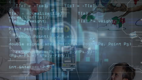 data processing over caucasian male doctor with digital tablet talking to caucasian boy at hospital