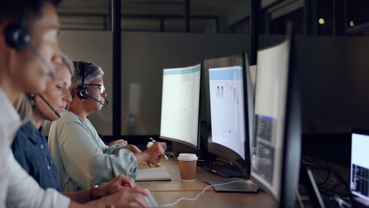 empleada sénior del centro de llamadas, mujer y contáctenos