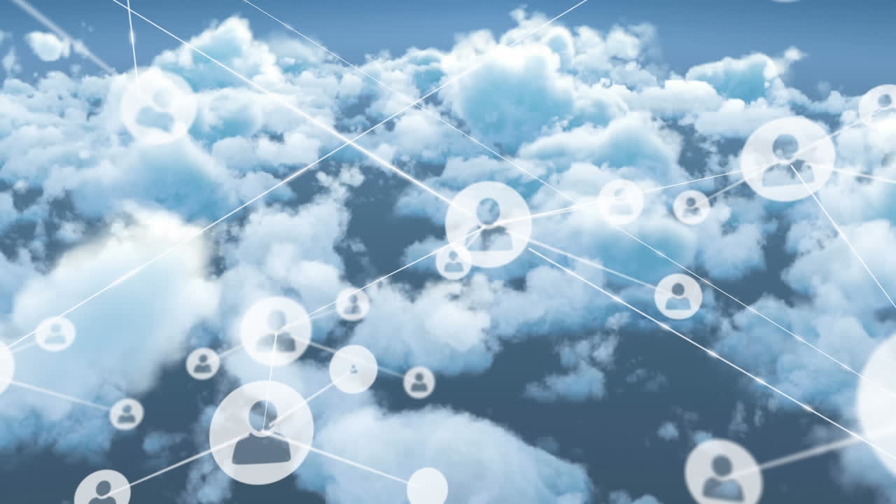 animación de la red de conexiones de iconos con personas a través de nubes