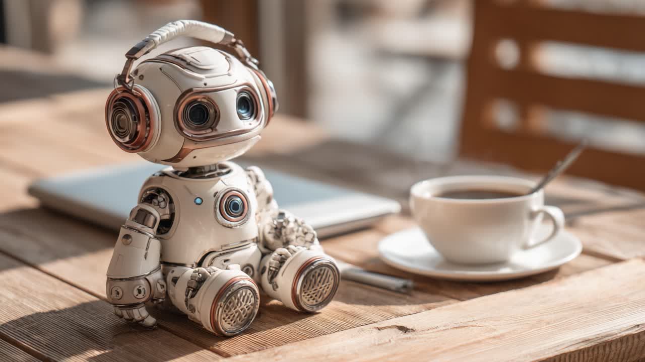 Un affascinante robot interattivo seduto a un tavolino da caffè, arricchito da tecnologie moderne e un’atmosfera accogliente per l’interazione umana