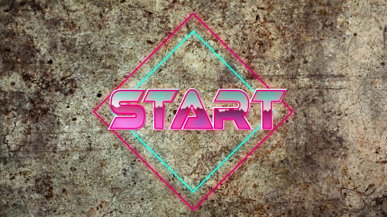 animación del texto de inicio cibernético sobre formas geométricas en fondo oscuro