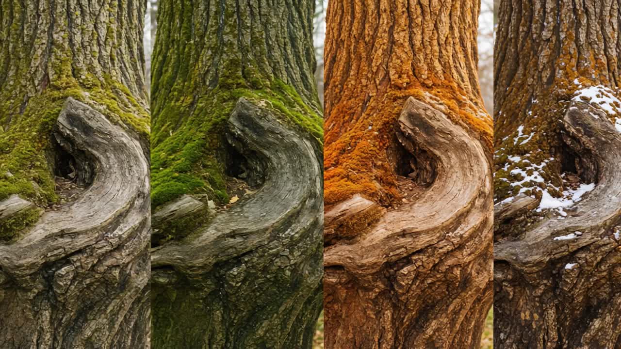 A Timeless Tree: Capturing the Seasons from the Old and Weathered Bark of a Majestic Tree Trunk Showcasing Nature's Ever-Changing Palette and Texture Over Time