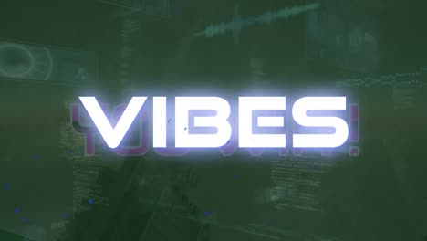 animation of vibes text and data processing over cityscape