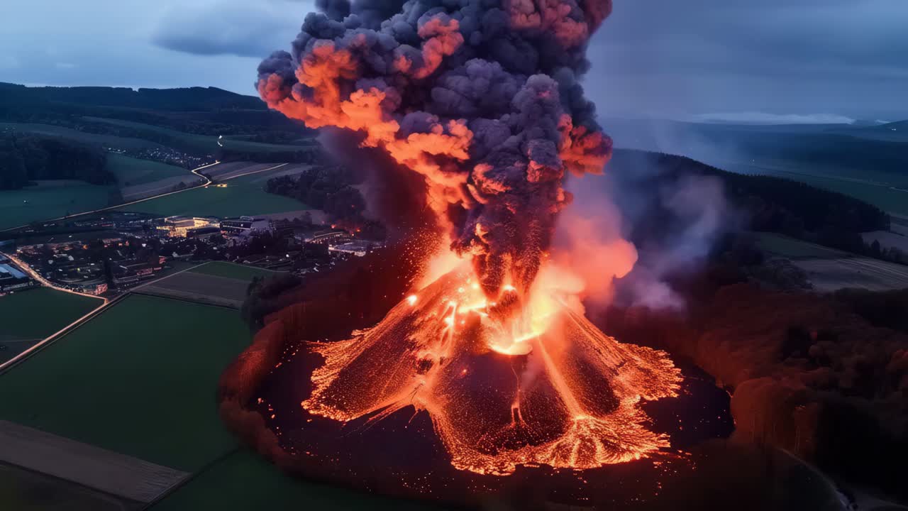 A volcano erupts with lava spewing out of it