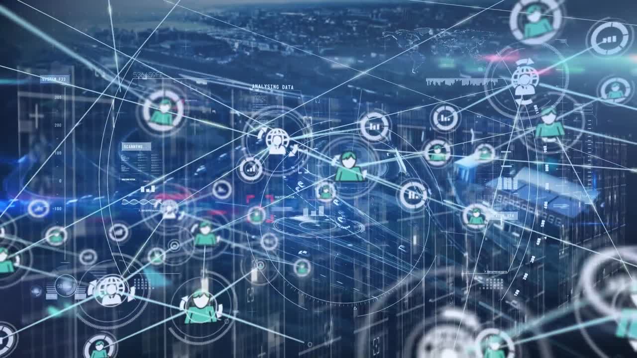 Animazione di connessioni su schermo digitale con dati e luci