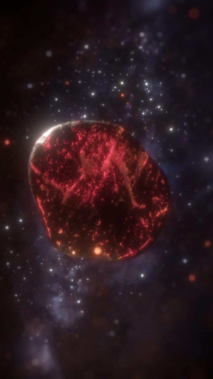 Asteroide di lava incandescente che ruota nello spazio profondo con stelle