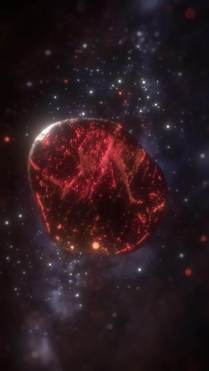 Glowing Lava Asteroid Rotating in Deep Space with Stars