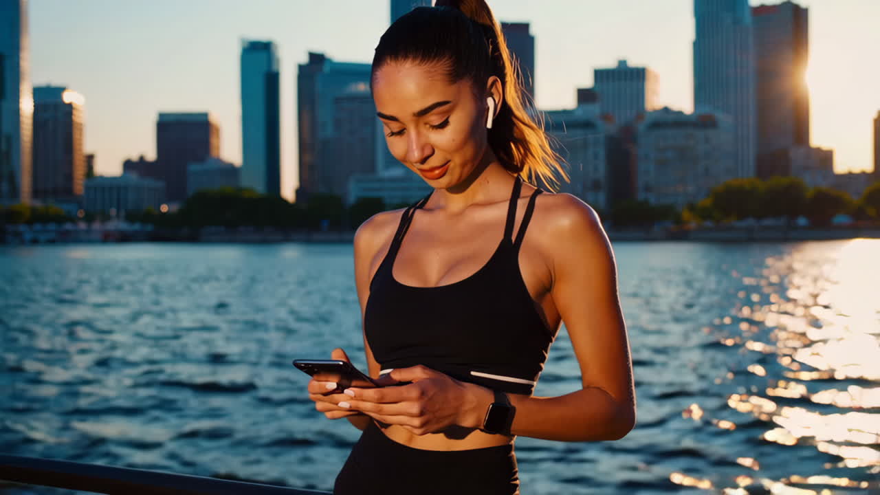 Woman using phone during workout by the river in a city
