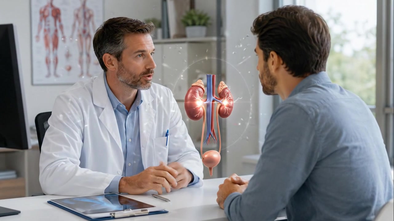 Dokter menunjukkan model ginjal anatomis kepada pasien pria selama konsultasi klinis