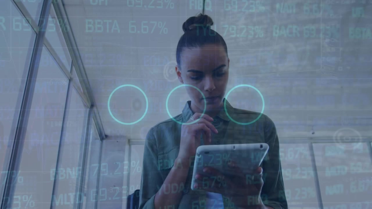 Animation of abstract shapes and financial data processing over woman using digital tablet