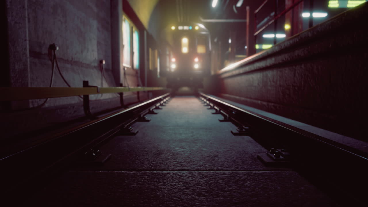 밤에는 도시 환경에서 밝게 조명 된 역으로 이어지는 열차 트랙