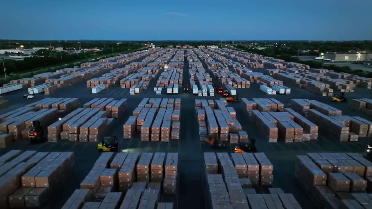 Aerial View of Warehousing Operation at Dusk: Efficient Forklift Movement Among Stacked Boxes in a Large Distribution Center