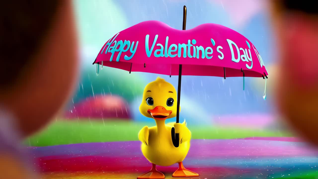 발렌타인 데이에 분홍색 우산을 가진 귀여운 오리